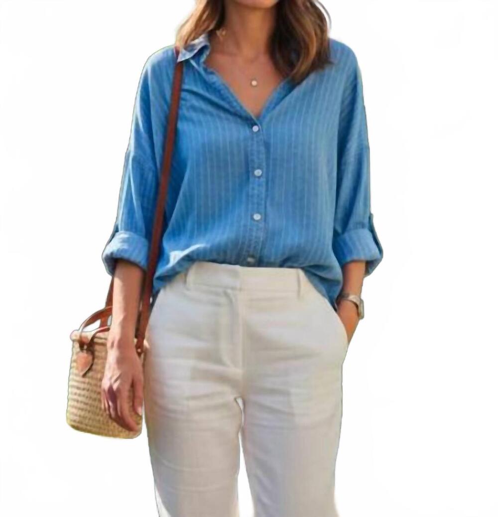 NEW EE:SOME striped button down back pleat blouse in light denim